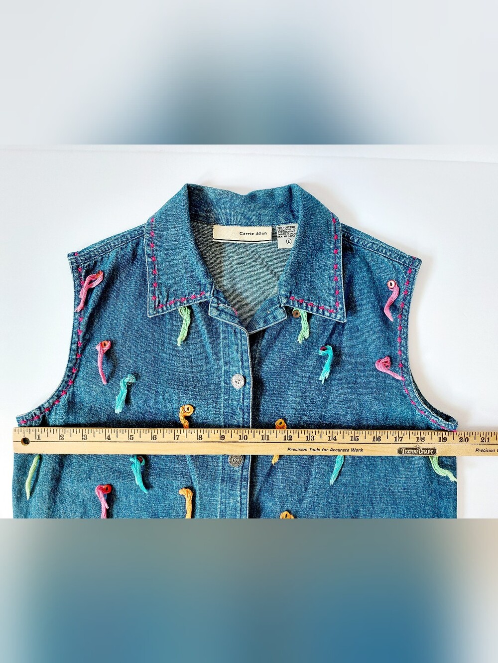 Tall Neon Cat Denim Vest Large Boho Tassel Cottagecore Teacher Granny Kitty 90s - Picture 5 of 6